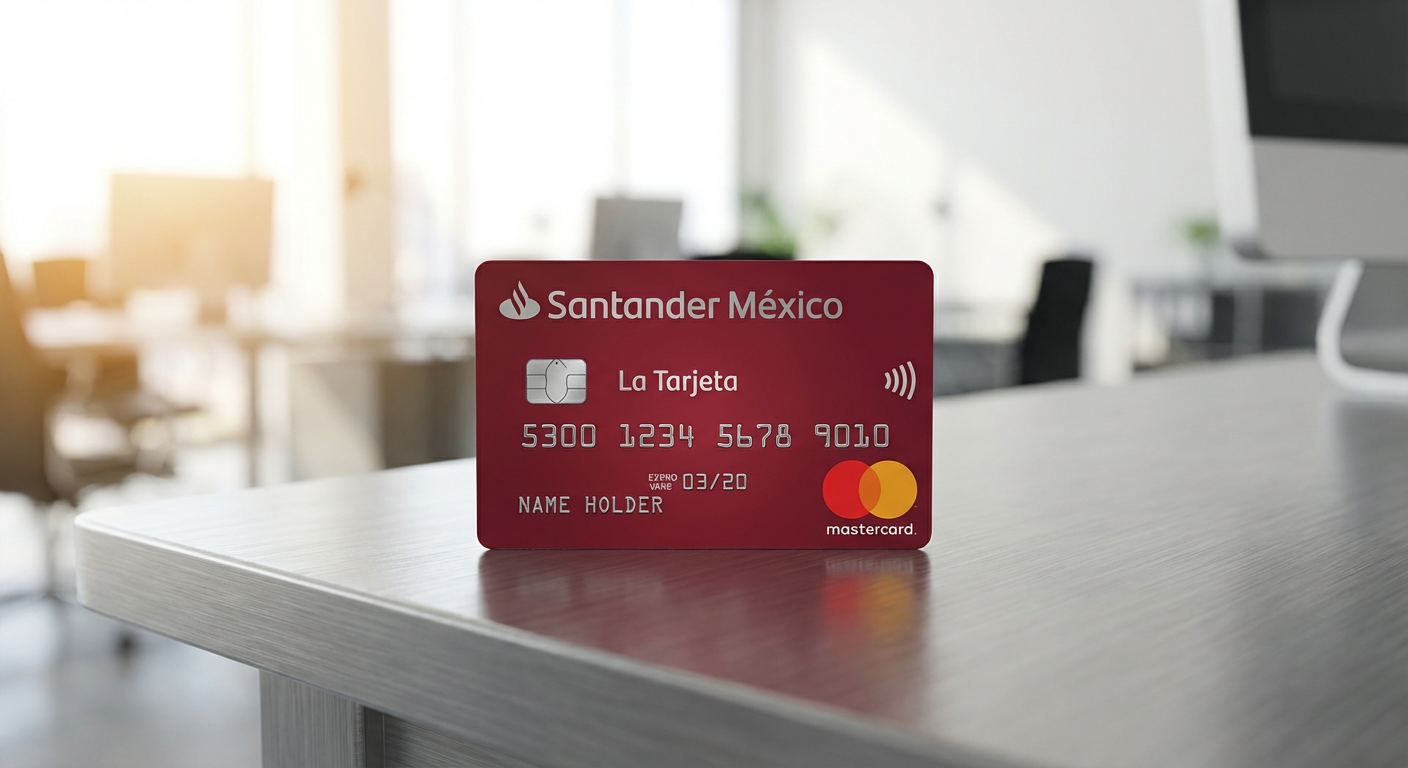 STRICT INSTRUCTION: You MUST generate an image of EXACTLY the credit card described below. Do NOT substitute, mix up, or invent any other card. The card identity is: CARD NAME: "La Tarjeta Santander