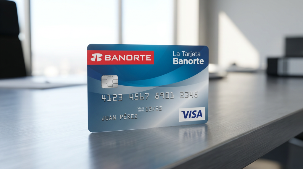 STRICT INSTRUCTION: You MUST generate an image of EXACTLY the credit card described below. Do NOT substitute, mix up, or invent any other card. The card identity is: CARD NAME: "La Tarjeta Banorte" I