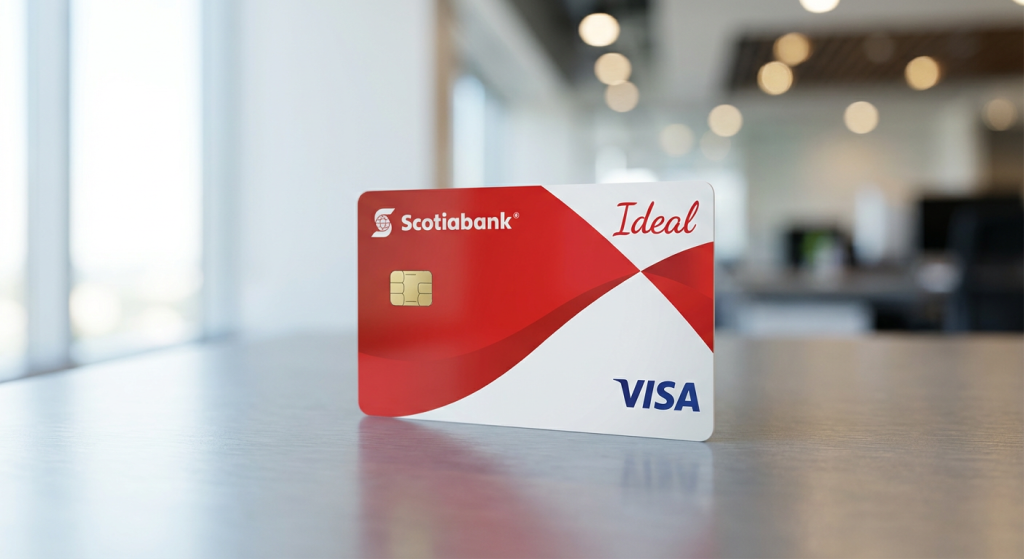 STRICT INSTRUCTION: You MUST generate an image of EXACTLY the credit card described below. Do NOT substitute, mix up, or invent any other card. The card identity is: CARD NAME: "Tarjeta IDEAL de Scot
