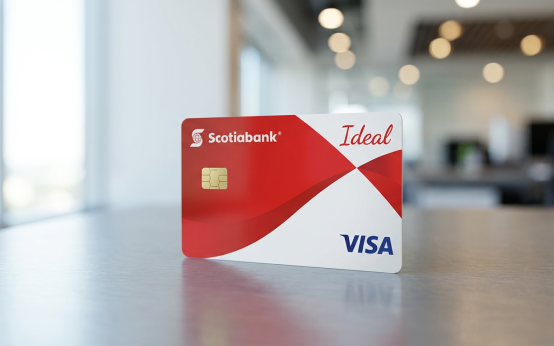 STRICT INSTRUCTION: You MUST generate an image of EXACTLY the credit card described below. Do NOT substitute, mix up, or invent any other card. The card identity is: CARD NAME: "Tarjeta IDEAL de Scot