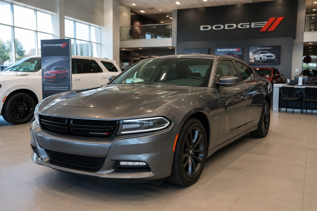 Dodge vehicle inside a dealership showroom for financing review