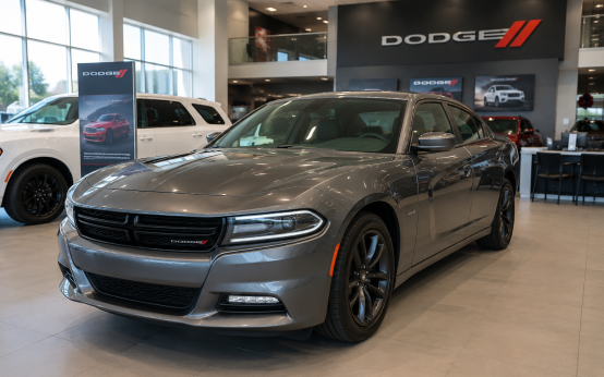 Dodge vehicle inside a dealership showroom for financing review