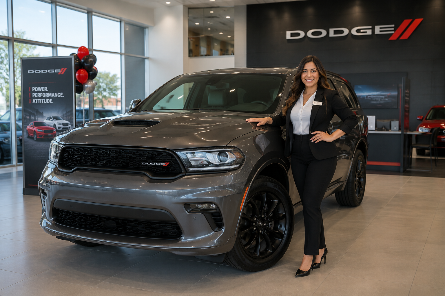 Dodge showroom with advisor and vehicle